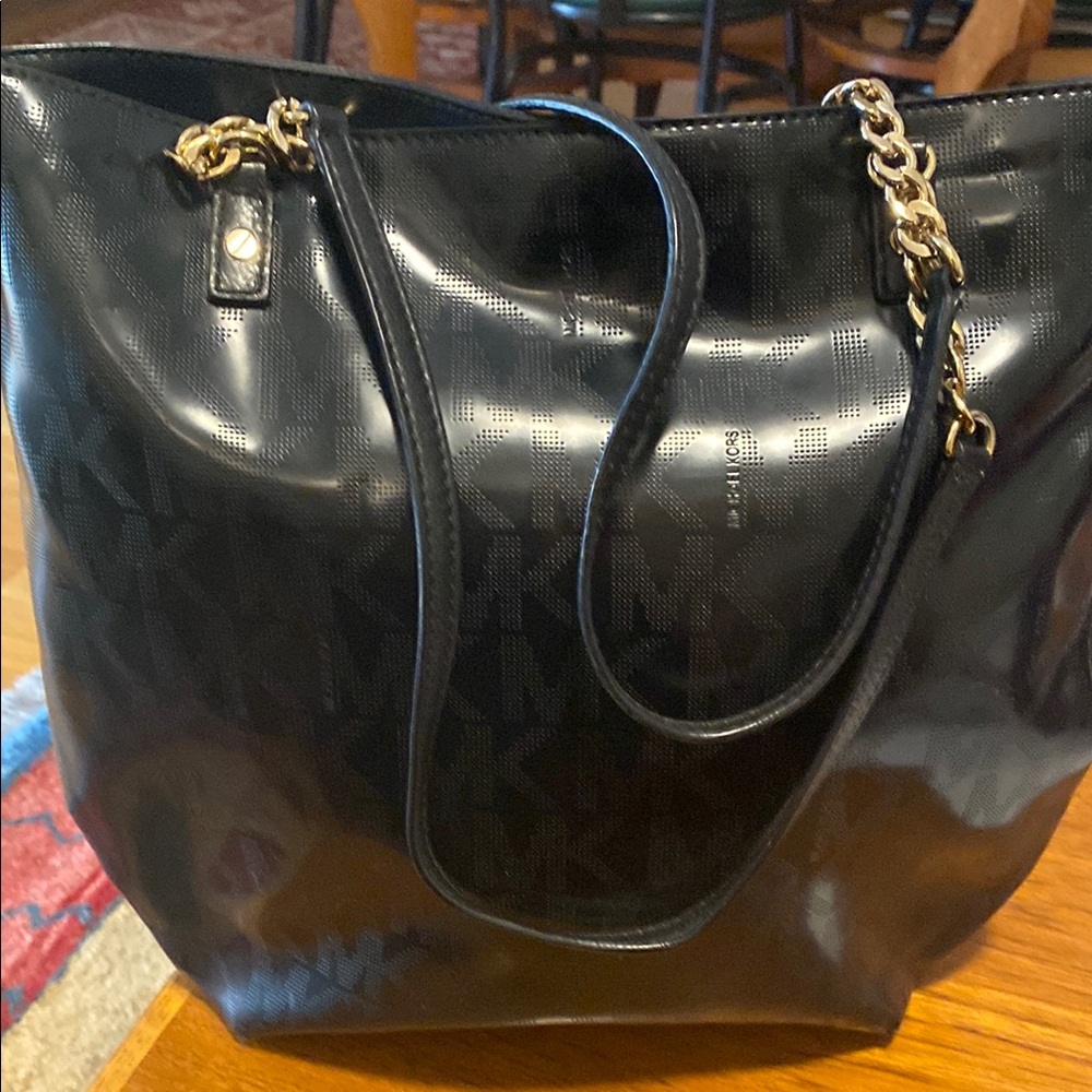 Michael Kors Glossy Black lightweight leather Tote with Gold Accents